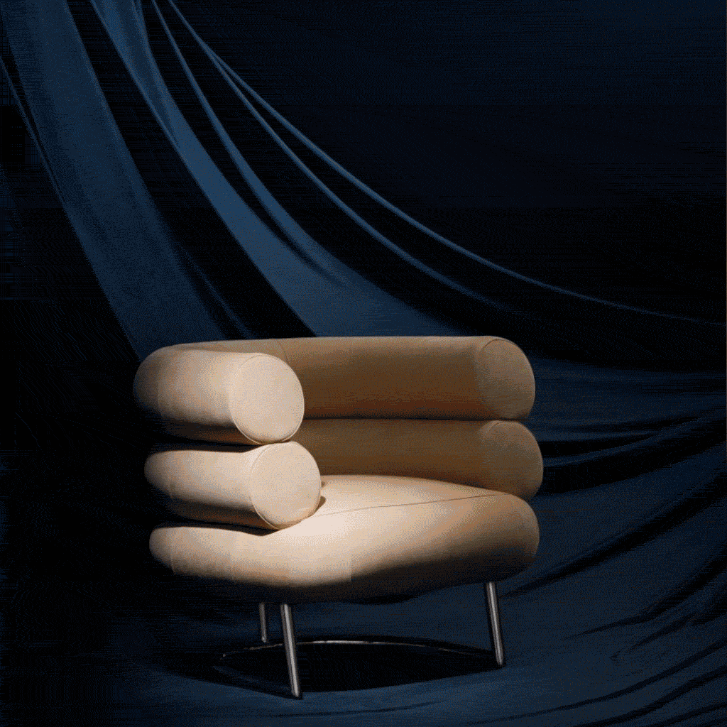 cream chair with dark blue background